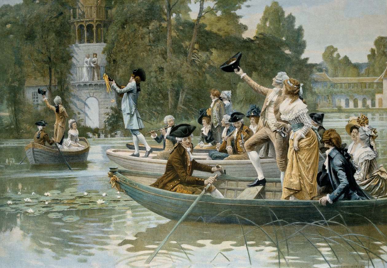 Serenade au Peer Trianon, illustration of a serenade in tribute to Queen Marie Antoinette (1755-1793), before 1789, engraving by Adrien Moreau (1843-1906) بواسطة أدريان مورو