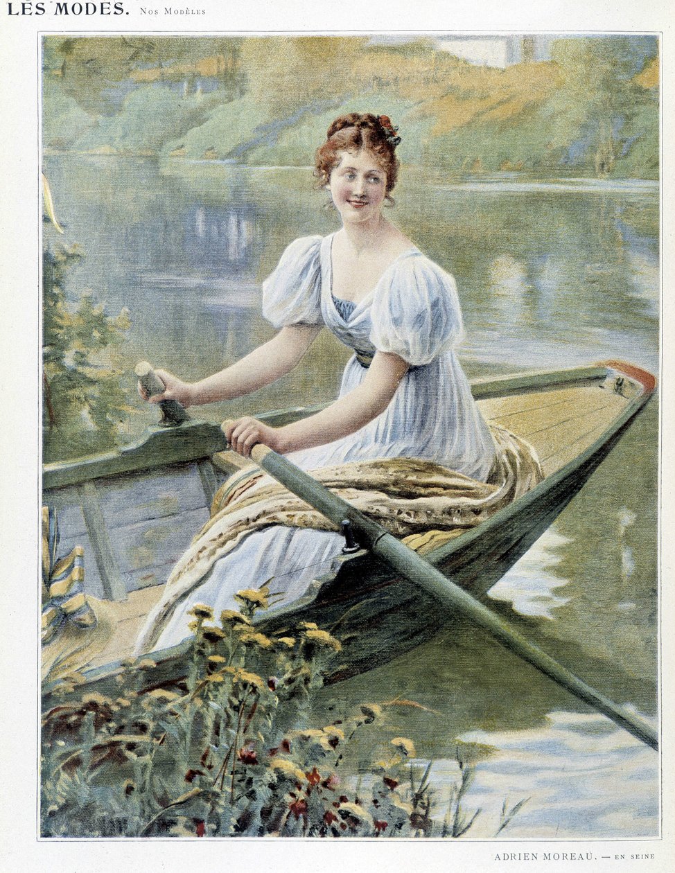 Woman making a boat on the Seine - ill. by Adrien Moreau, c. 1900 بواسطة أدريان مورو