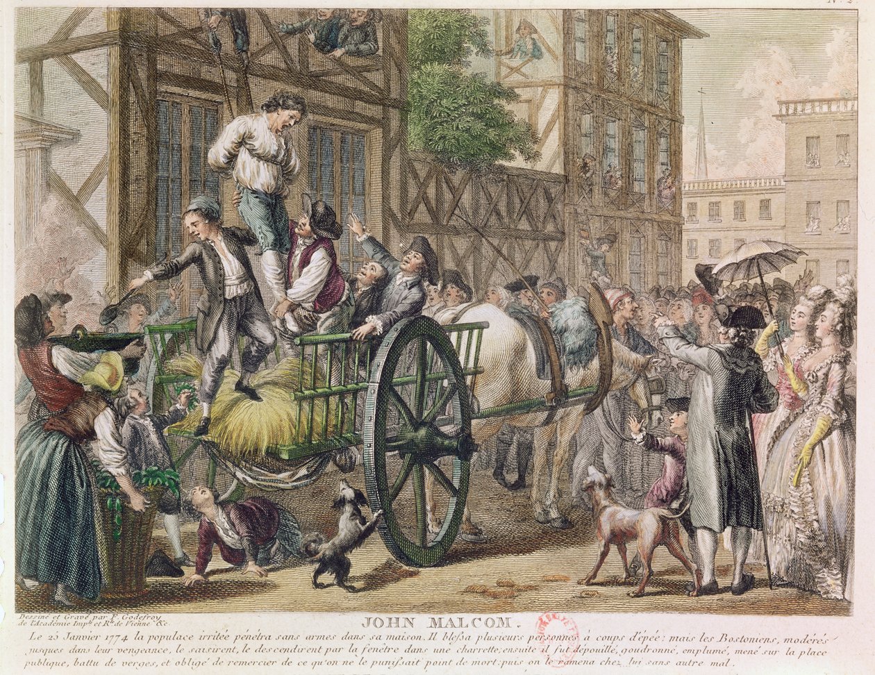 تأديب جون مالكوم من قبل سكان بوسطن في 25 يناير 1774 ، c.1785 (نقش الألوان) بواسطة أدريان بيير فرانسوا جودفروي