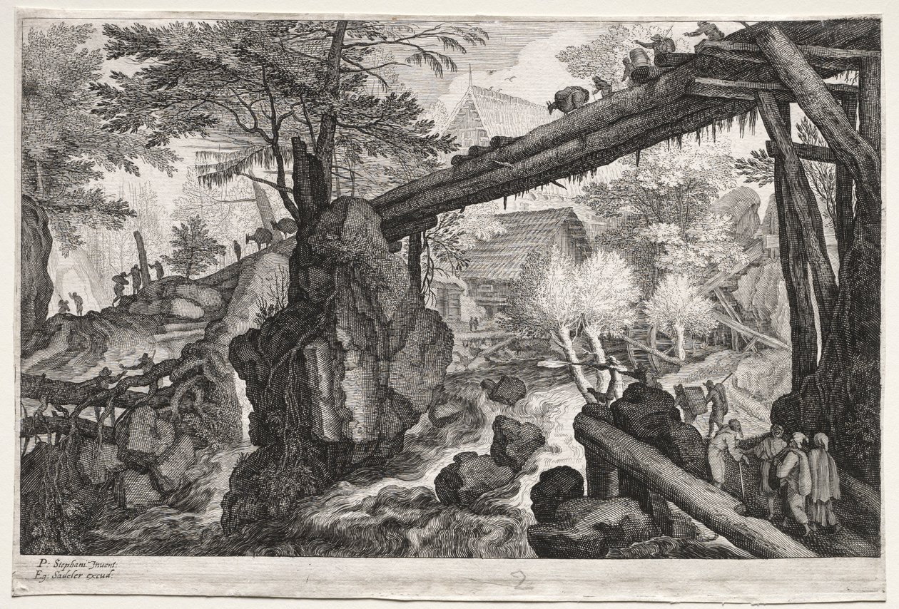ثمانية مناظر طبيعية بوهيمية: منظر طبيعي مع جسر خشبي فوق الساد ، ج. 1610-1615. بواسطة Aegidius Sadeler أو Saedeler