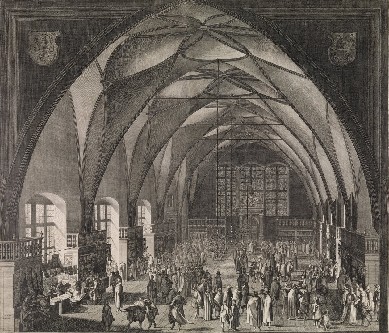منظر داخلي لقاعة فلاديسلاف في قلعة براغ خلال المعرض السنوي ، 1607. ، 1607. بواسطة Aegidius Sadeler II