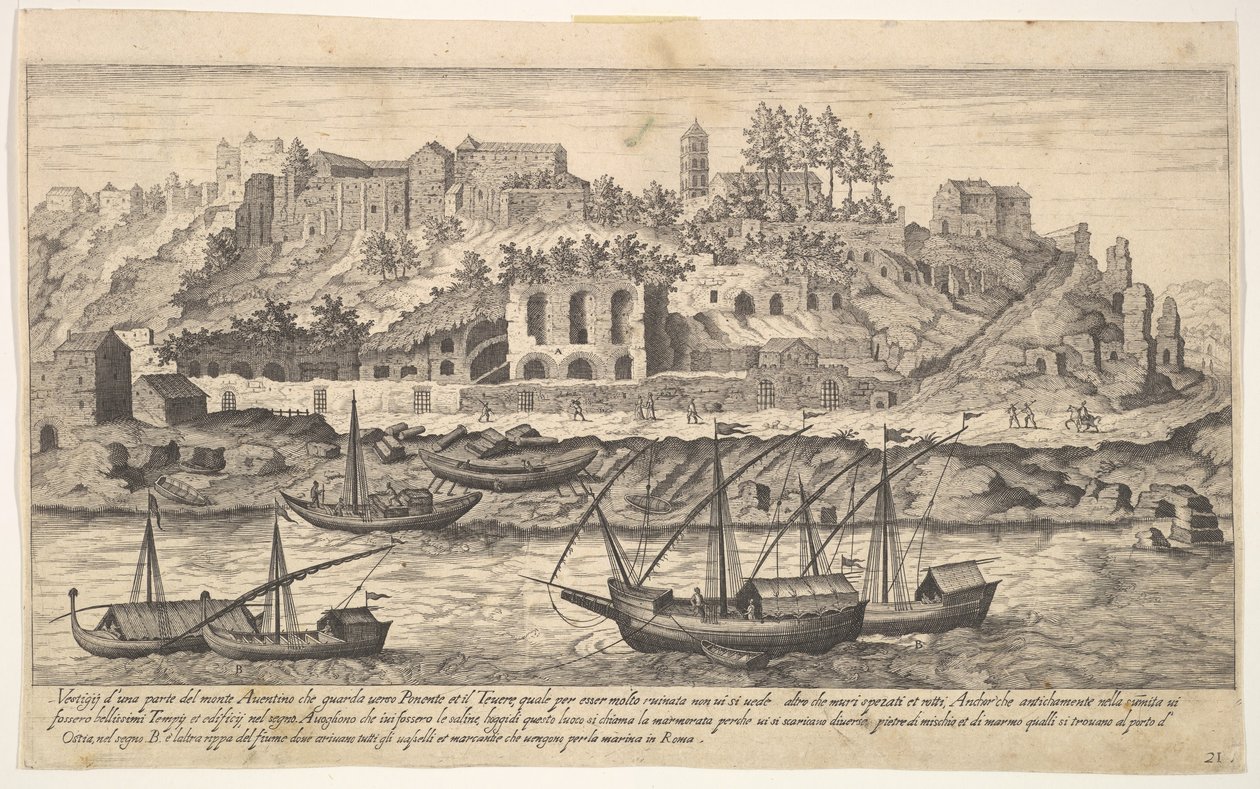 اللوحة 21: منظر من الغرب لأطلال تل أفنتين ، روما ، مع قوارب على النهر ... ، 1606. بواسطة Aegidius Sadeler II