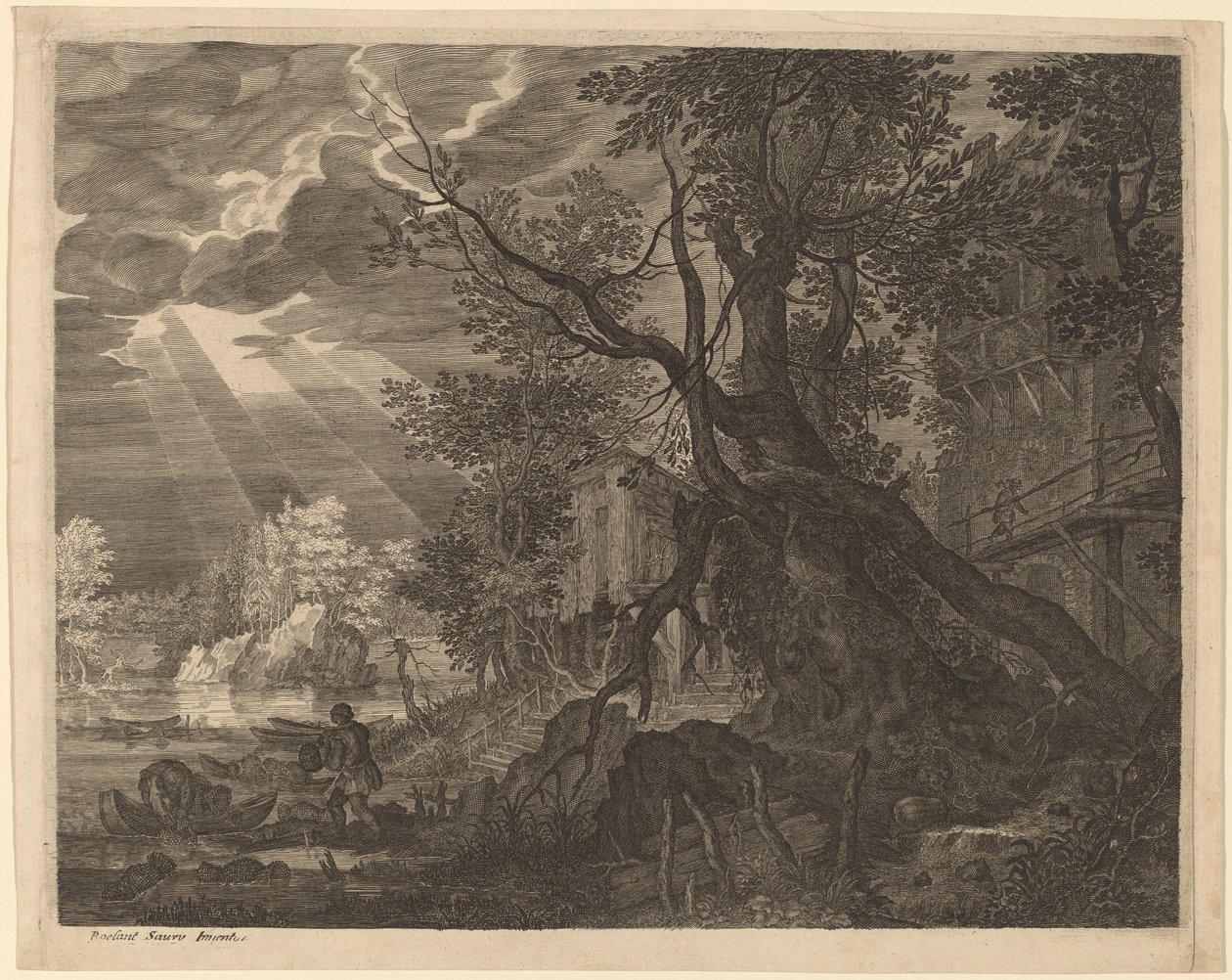 منظر طبيعي مع رجال يصطادون بواسطة ضوء القمر بواسطة Aegidius Sadeler II بعد Roelandt Savery