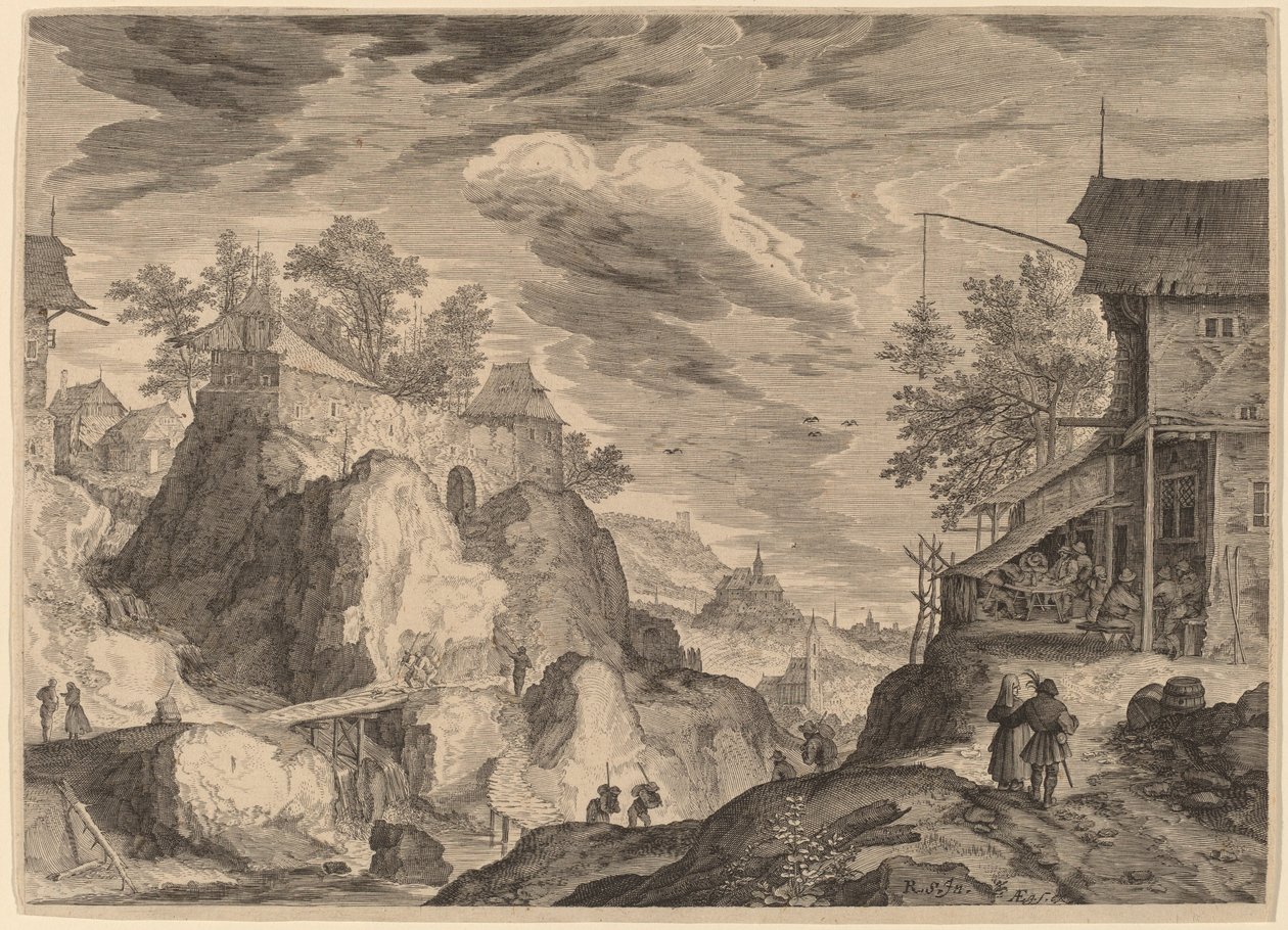 منظر طبيعي مع نزل إلى اليمين ومنزل على الصخور إلى اليسار بواسطة Aegidius Sadeler II بعد Roelandt Savery