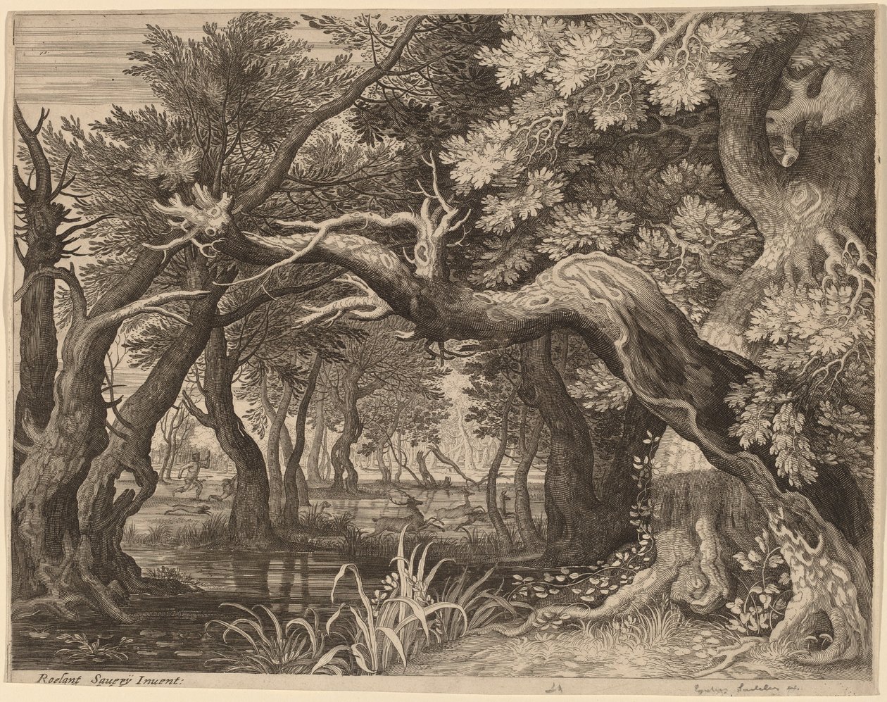 Stag Hunt بالقرب من بركة بواسطة Aegidius Sadeler II بعد Roelandt Savery
