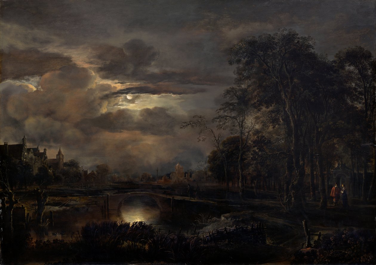 منظر طبيعي مقمر مع جسر بواسطة Aert van der Neer