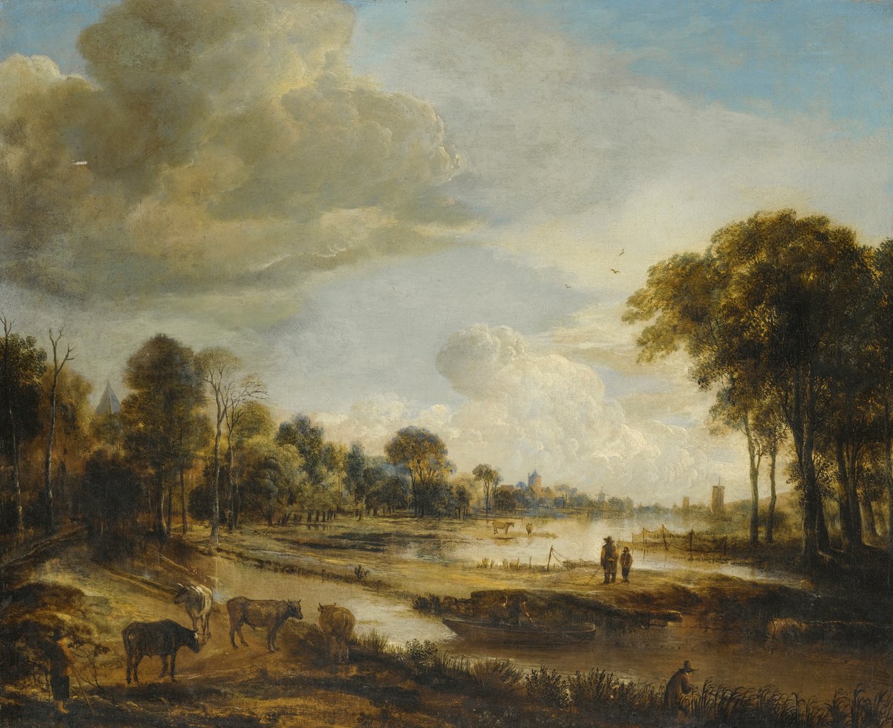 منظر نهر بأشكال وماشية بواسطة Aert van der Neer