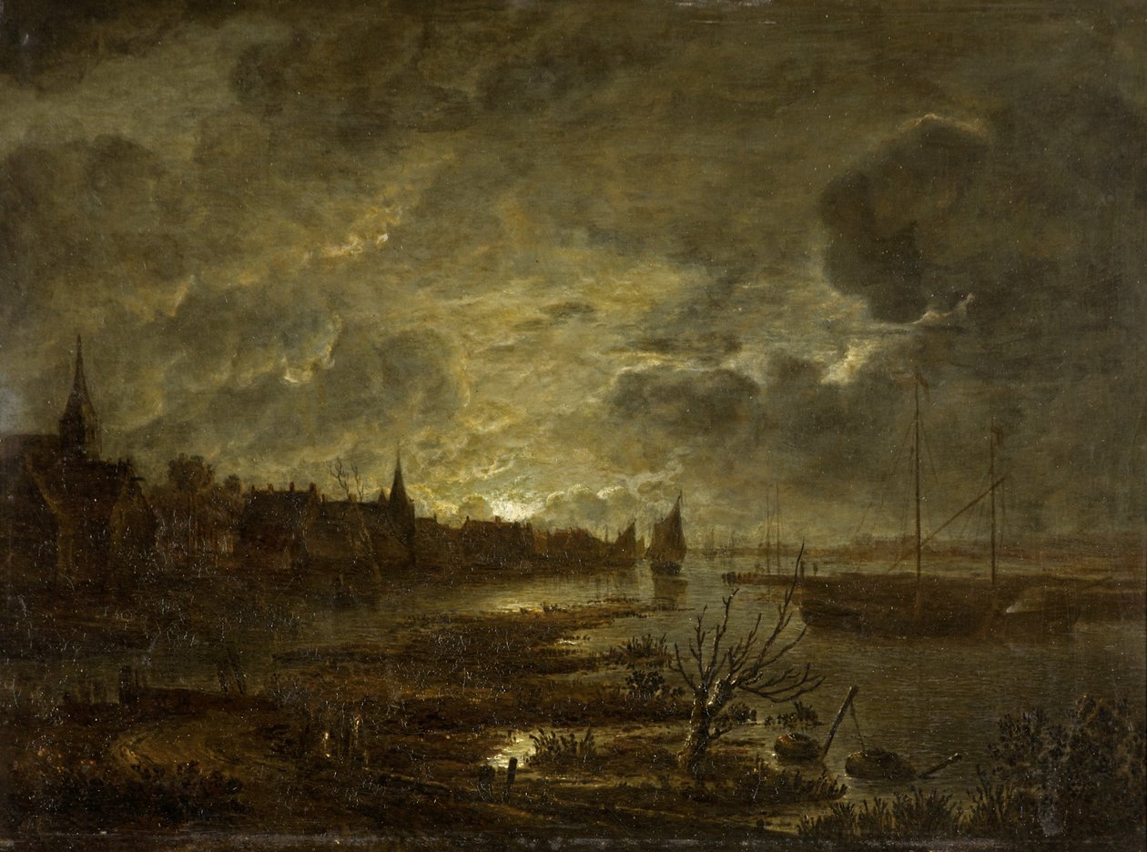 قرية على نهر بجوار ضوء القمر ، c.1645-1700 بواسطة Aert van der Neer