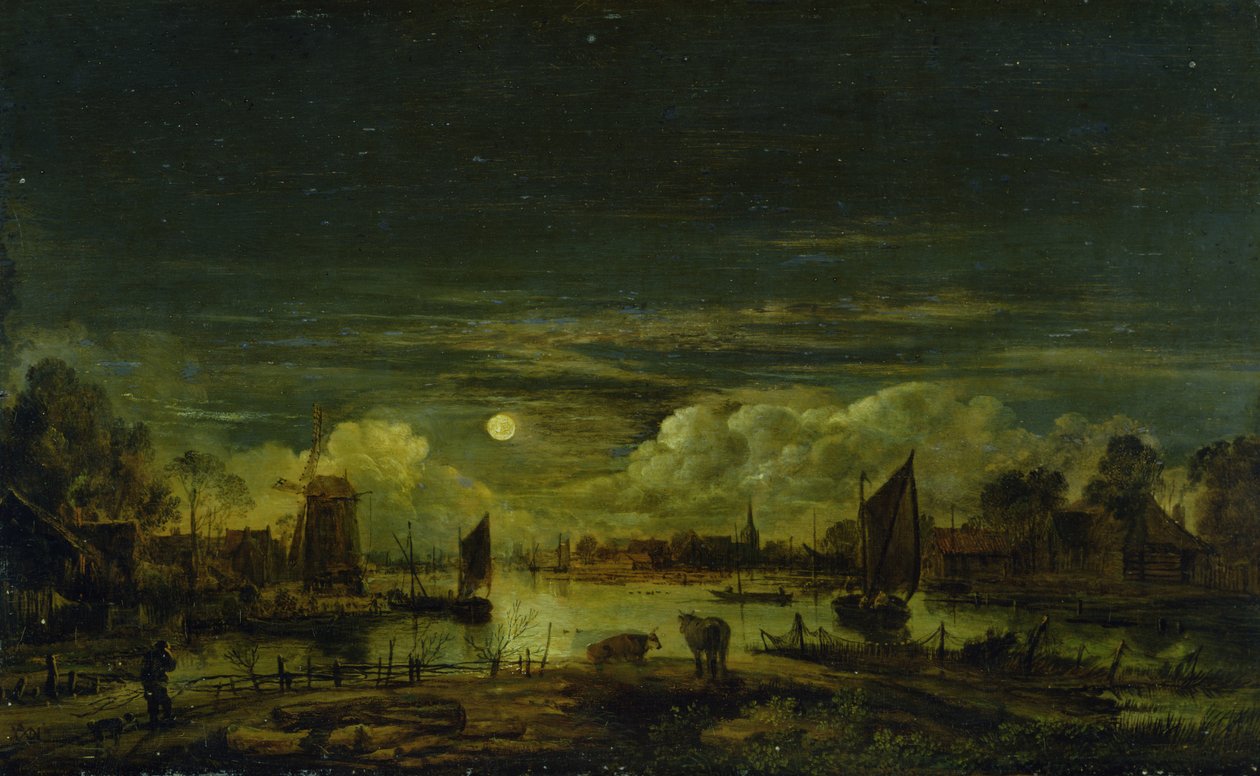 منظر طبيعي بضوء القمر (زيت على لوح بلوط) بواسطة Aert van der Neer