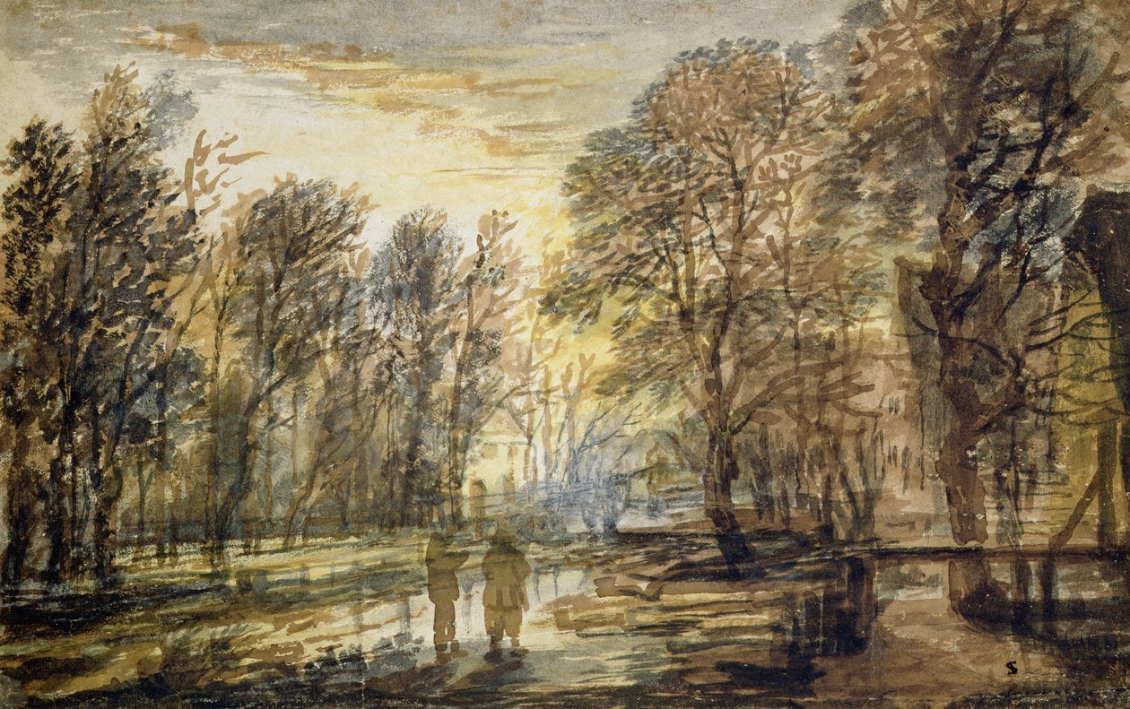 الغروب في الخشب (قلم رصاص وحبر بني على ورق) بواسطة Aert van der Neer