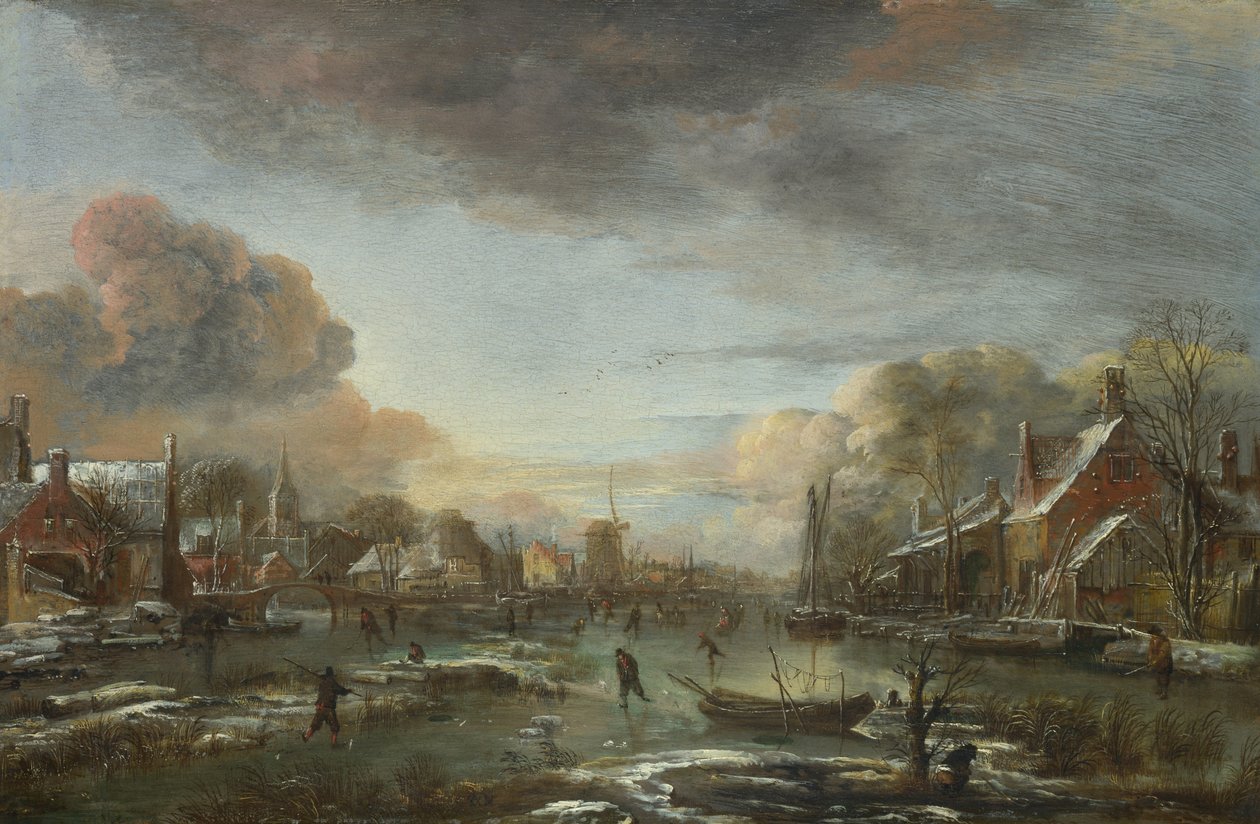 نهر متجمد بالقرب من بلدة في المساء ، حوالي 1665 بواسطة Aert van der Neer