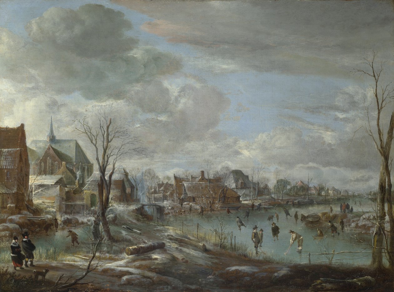 نهر متجمد بالقرب من قرية ، مع لاعبي الغولف والمتزلجين ، ج. 1647-1648 بواسطة Aert van der Neer