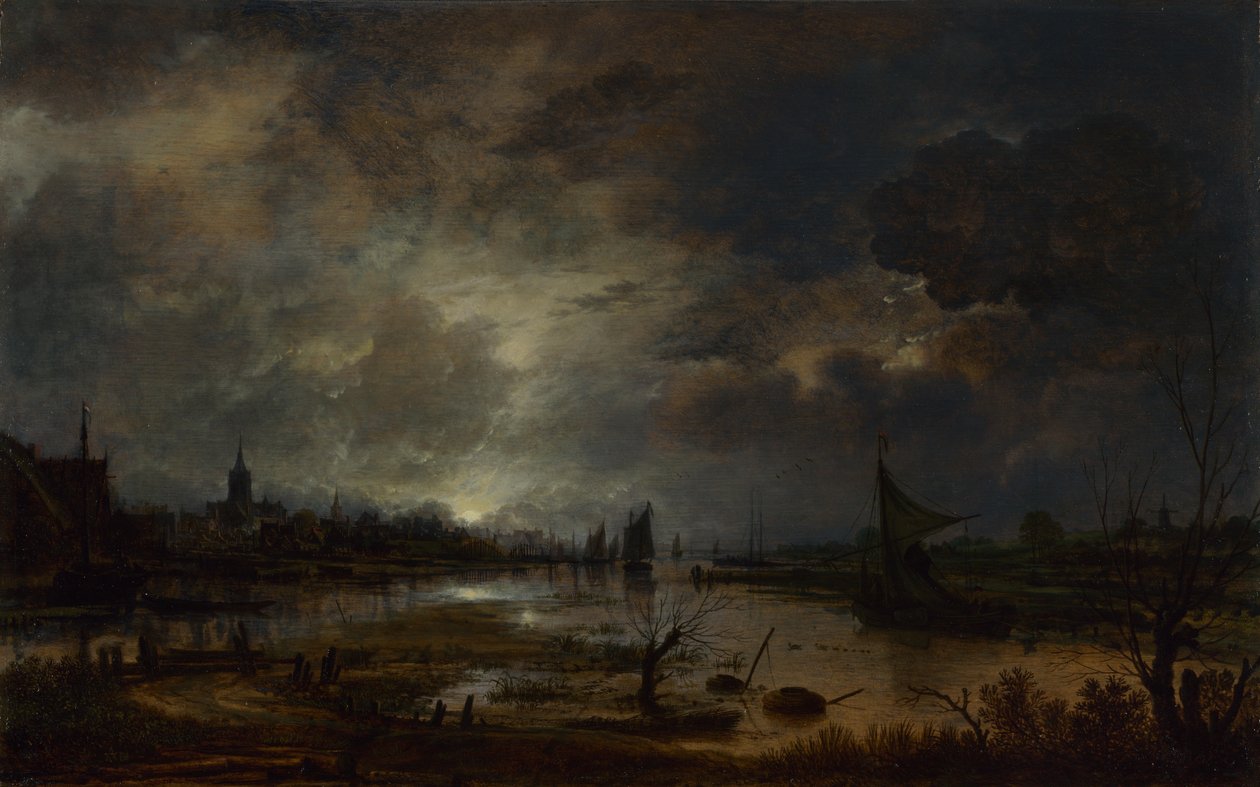 نهر بالقرب من بلدة ، بواسطة ضوء القمر ، ج. 1645 بواسطة Aert van der Neer