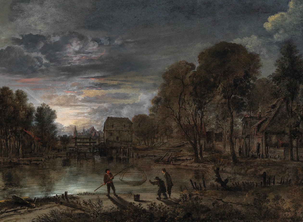 منظر طبيعي ليلي به صيادون. بواسطة Aert van der Neer