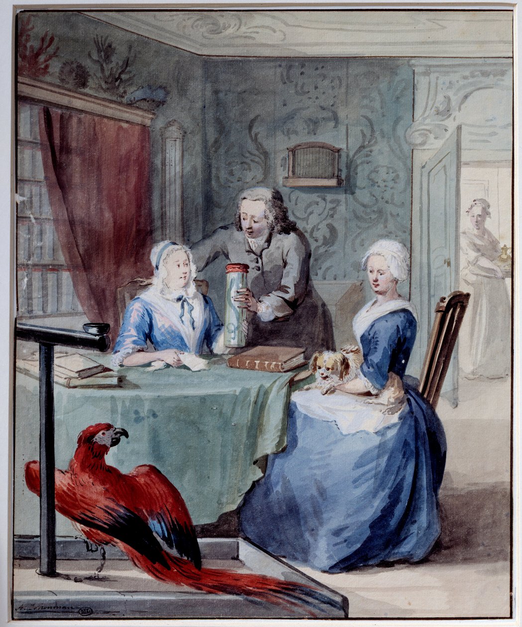 A naturalist shows two women a jar containing a snake in the foreground a parrot. Watercolour by Aert Schouman (1710-1792) 18th century Sun. 0,24x0,2 m Paris, Musee du Louvre بواسطة عيرت شومان