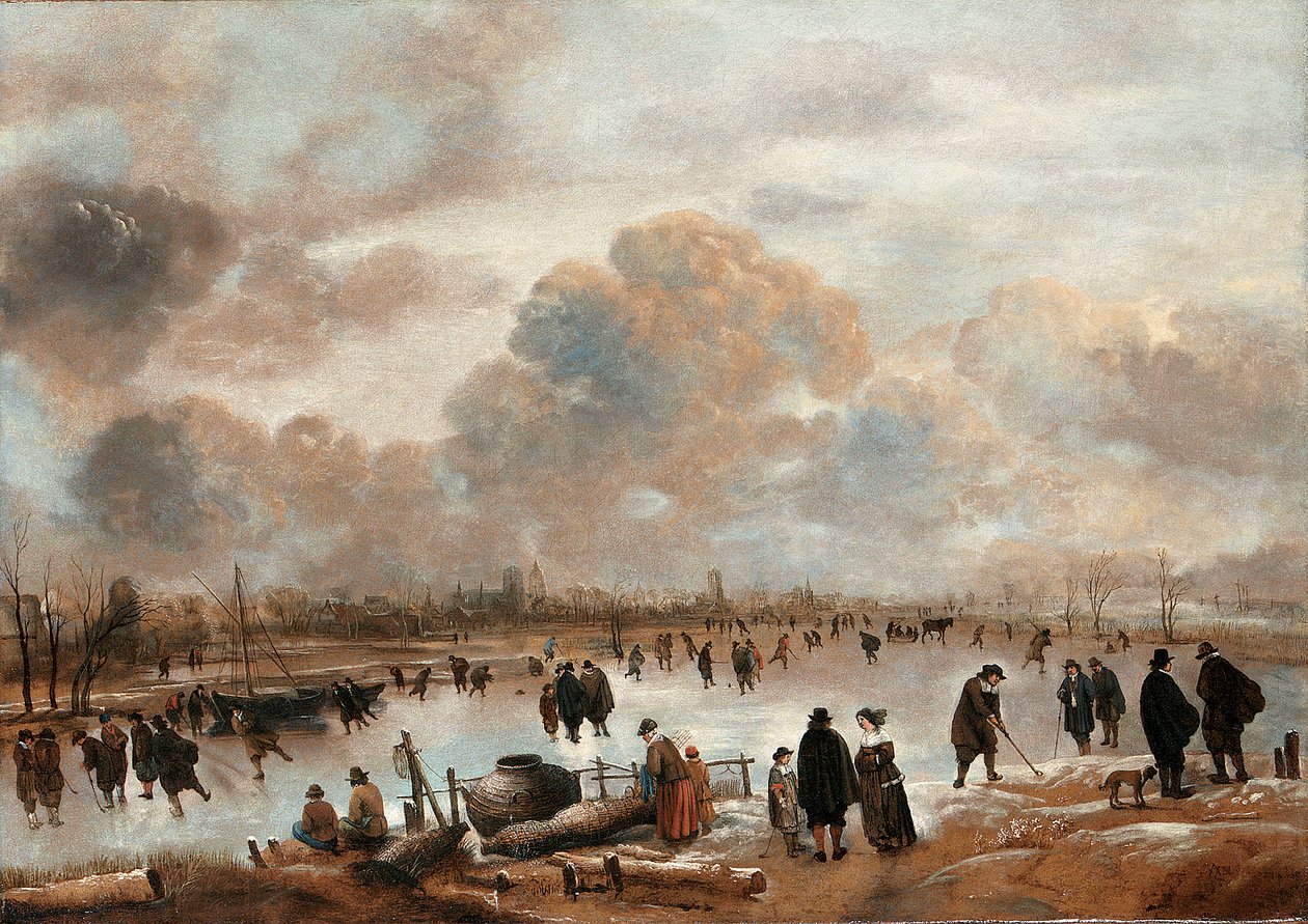 منظر شتوي مع متزلجين وتاونسفولك على ممر مائي مجمد بواسطة Aert van der Neer
