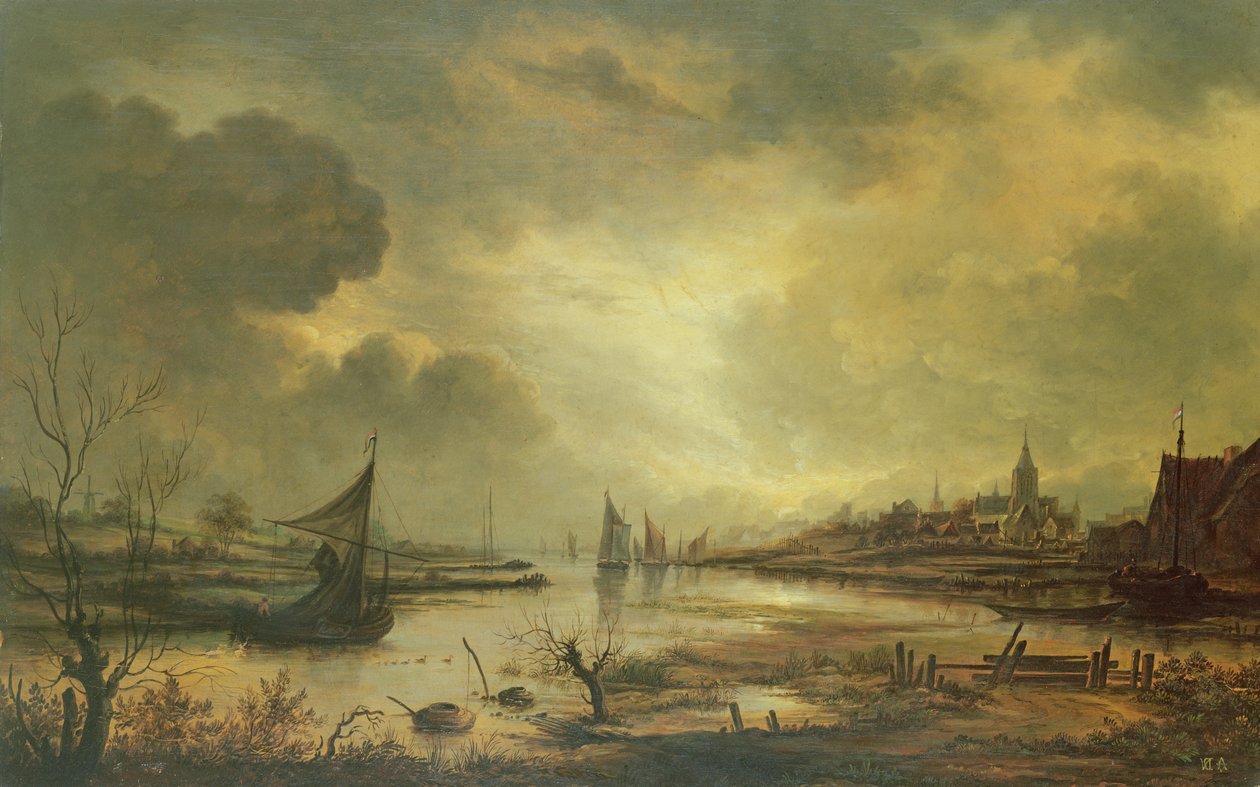 بلدة داتش على نهر بضوء القمر (زيت على لوح) بواسطة Aert van der Neer