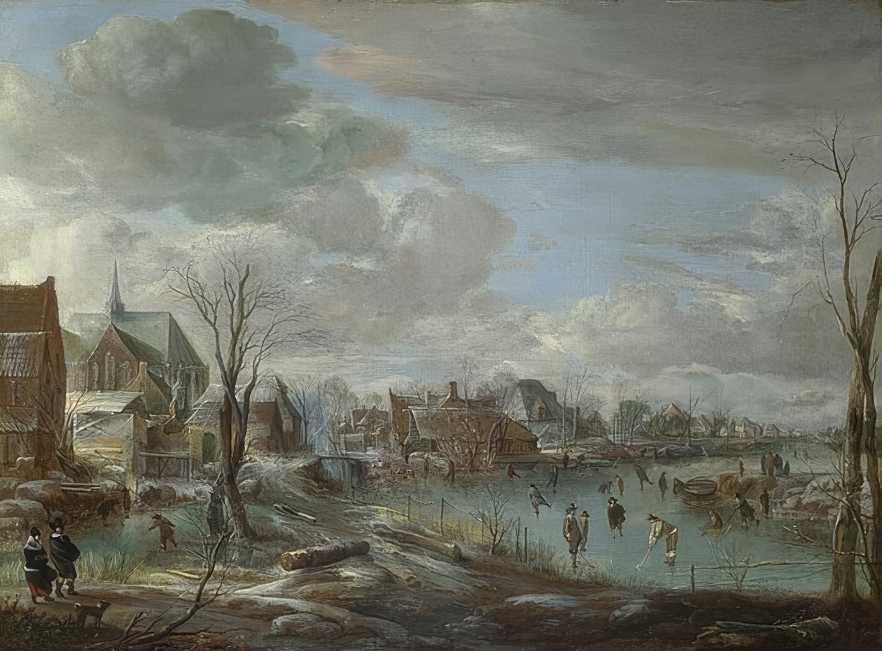 نهر مجمد بالقرب من مدينة مع لاعبي الغولف والمتزلجين. حوالي 1648 بواسطة Aert van der Neer
