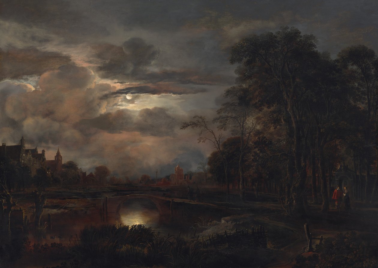 منظر طبيعي مقمر مع جسر ، ربما 16481650. بواسطة Aert van der Neer