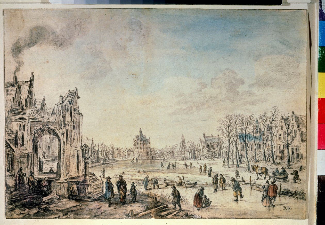 المناظر الطبيعية الشتوية مع المتزلجين. رسم أرت فان دير نير (1603-1677) بواسطة Aert van der Neer