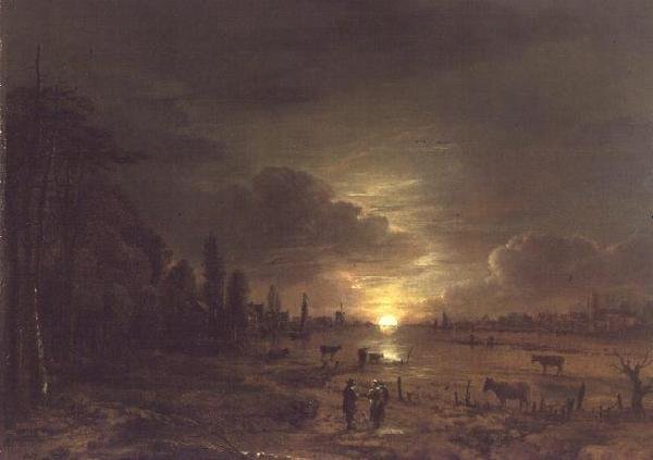 منظر طبيعي للنهر مع ارتفاع القمر بواسطة Aert van der Neer