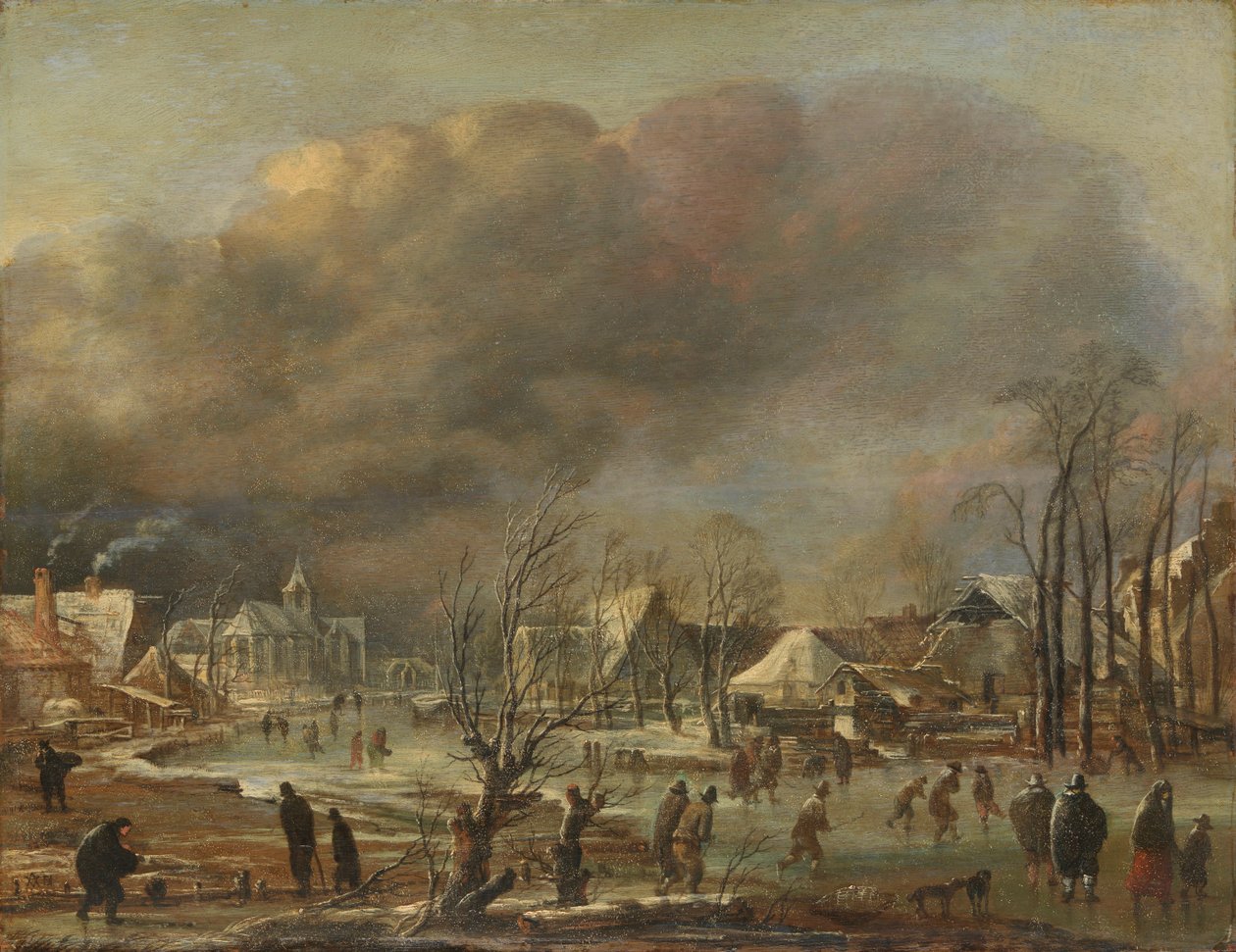 تساقط الثلوج في قرية بجانب قناة مجمدة ، 1630-1677 بواسطة Aert van der Neer