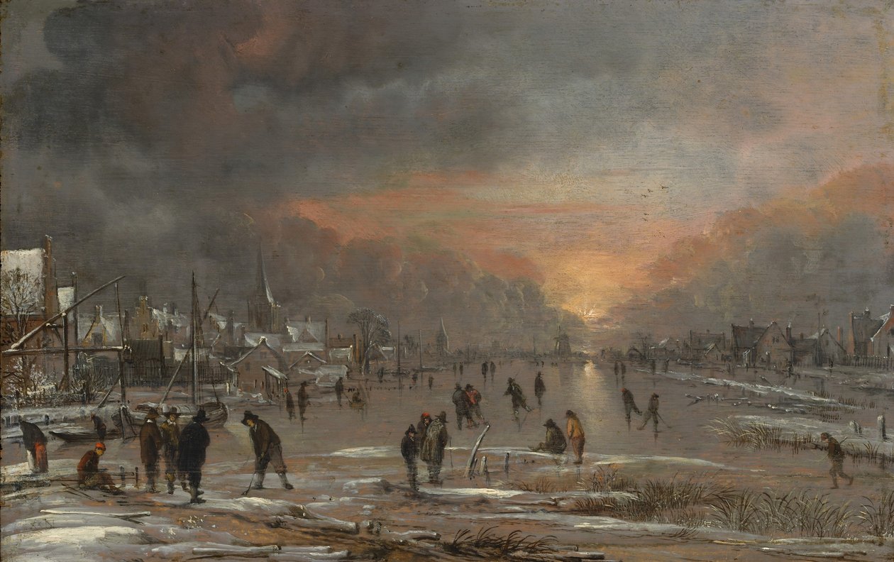 الرياضة على نهر مجمد ، ربما كاليفورنيا. 1660. بواسطة Aert van der Neer