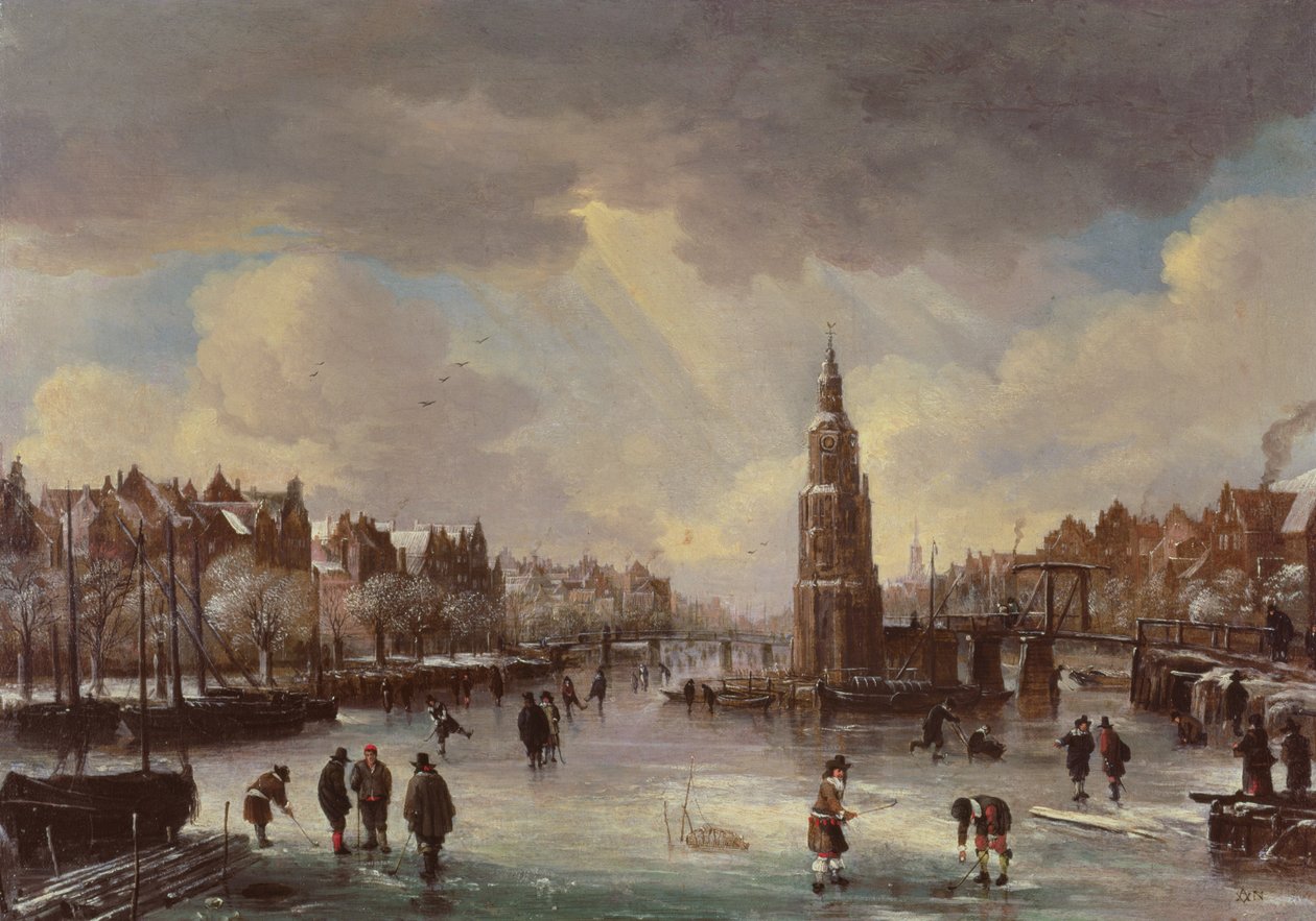 بلدة على نهر متجمد بواسطة Aert van der Neer