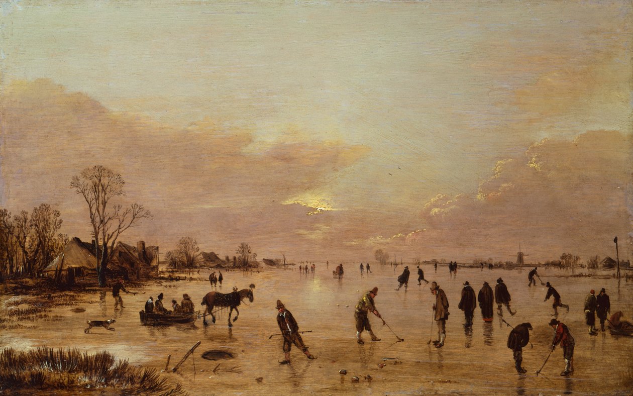 منظر طبيعي في فصل الشتاء عند غروب الشمس (زيت على قماش) بواسطة Aert van der Neer