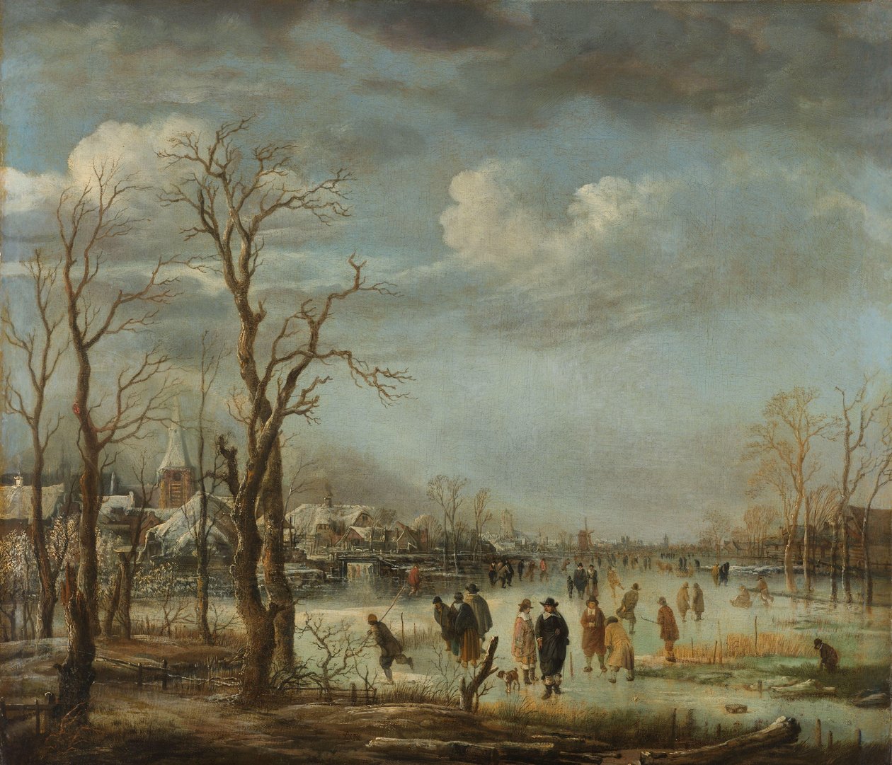 منظر طبيعي شتوي بالقرب من بلدة بها أشجار عارية بواسطة Aert van der Neer