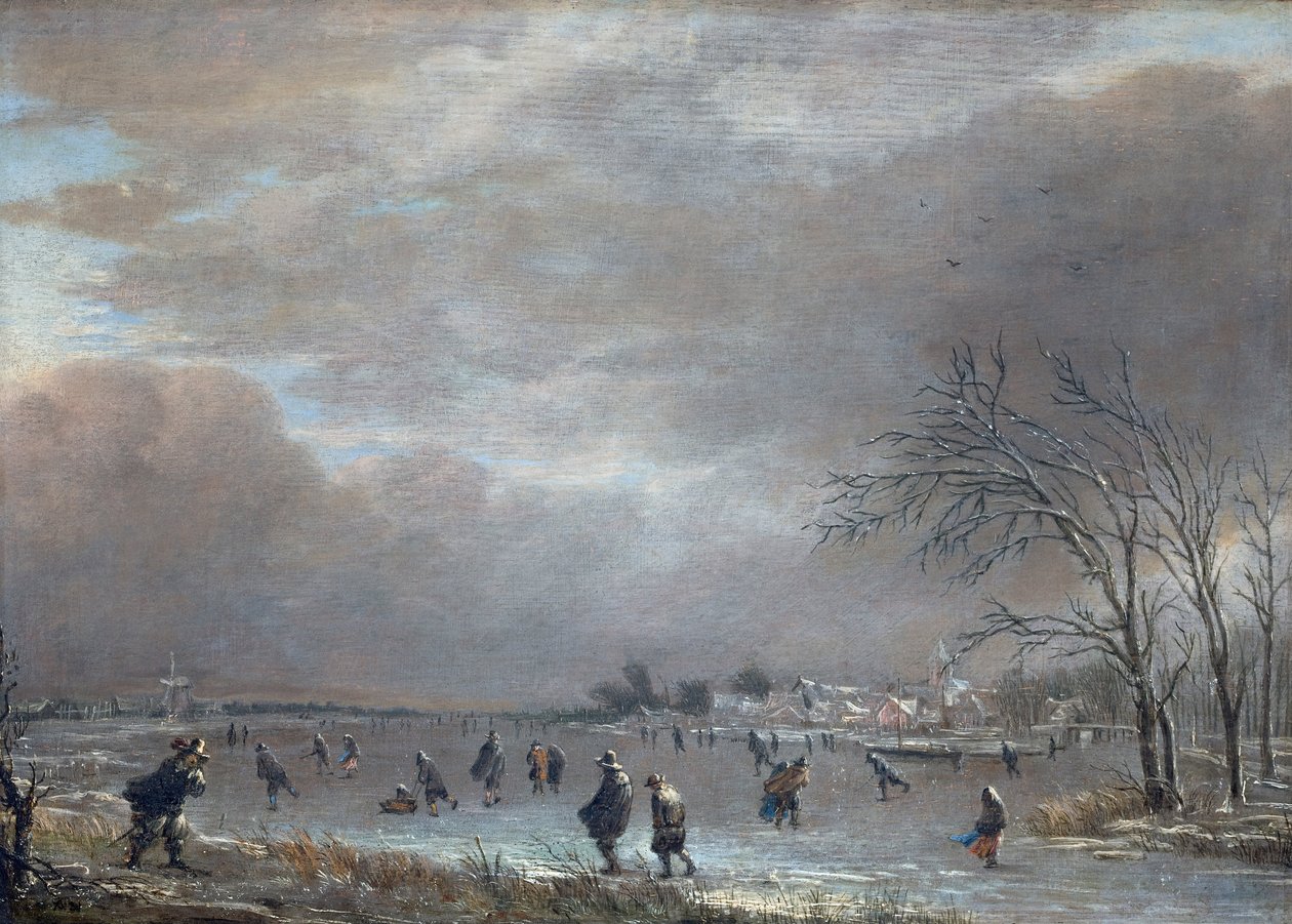 منظر طبيعي شتوي مع المتزلجين على نهر متجمد (زيت على لوح) بواسطة Aert van der Neer