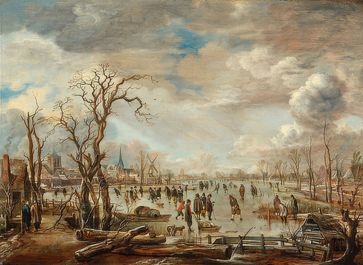المناظر الطبيعية في فصل الشتاء مع متعة الجليد. حوالي 1655 بواسطة Aert van der Neer