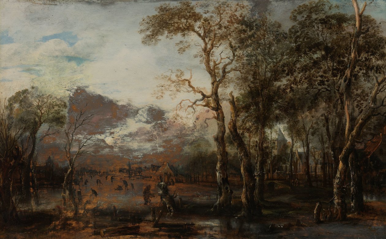 المناظر الطبيعية المشجرة مع صياد / المناظر الطبيعية الشتوية بواسطة Aert van der Neer
