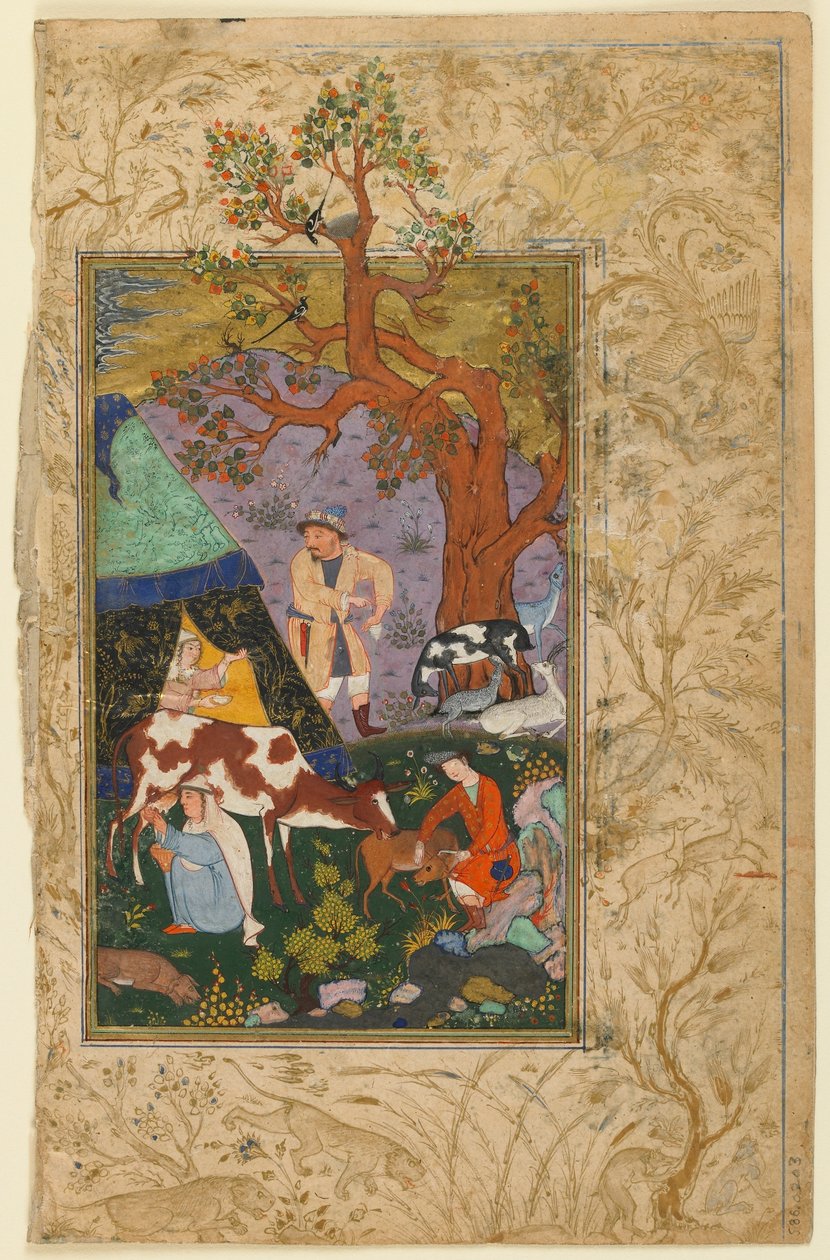 فوليو من ديوان (قصائد مجمعة) لأوهدي ؛ مقابل: مخيم ، هرات ، أفغانستان ، 1615-16 (ألوان مائية مبهمة ، حبر وذهب على ورق) بواسطة المدرسة الأفغانية