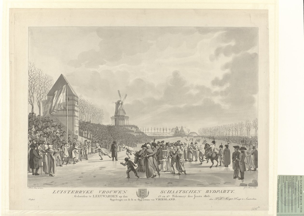 مسابقة التزلج على الجليد لمسافات قصيرة في عام 1805 في ليوواردين بالقرب من Vrouwenwaterpoort مع طاحونة هوائية. الفائز كان Trijntje Pieters Westra بواسطة بعد Aldert Jacobs van der Poort