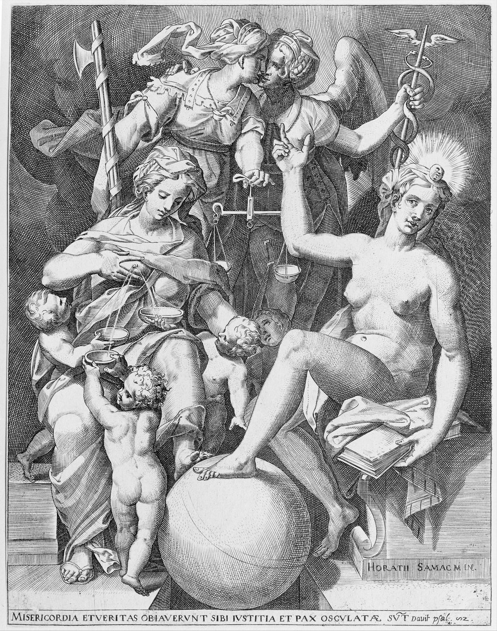 رمزية لمزمور داود ، Misericordia جالسًا إلى اليسار يطعم أربعة أطفال مع ... ، 1579. بواسطة بعد اجوستينو كاراتشي.
