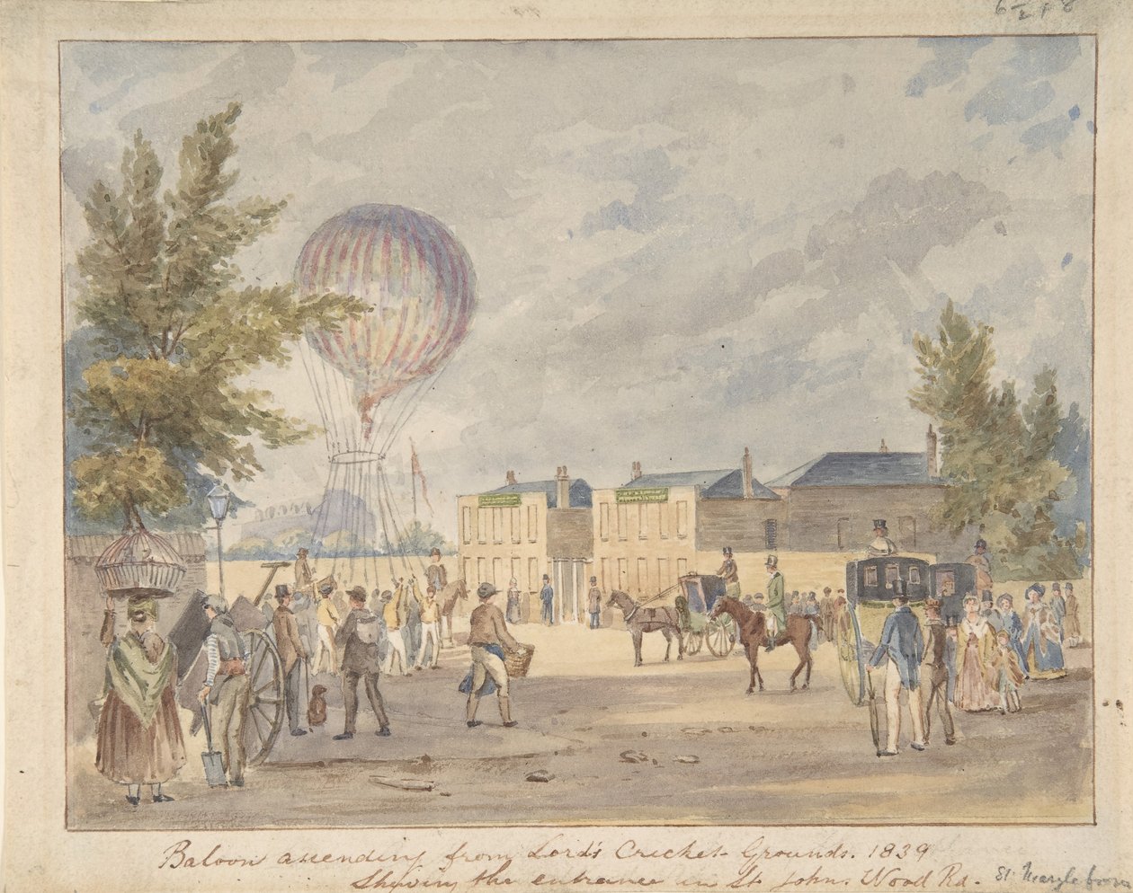 صعود بالون بالقرب من مدخل ملعب لورد للكريكيت ، 1839 ، كاليفورنيا. 1839. بواسطة بعد روبرت بريميل شنيبلي.
