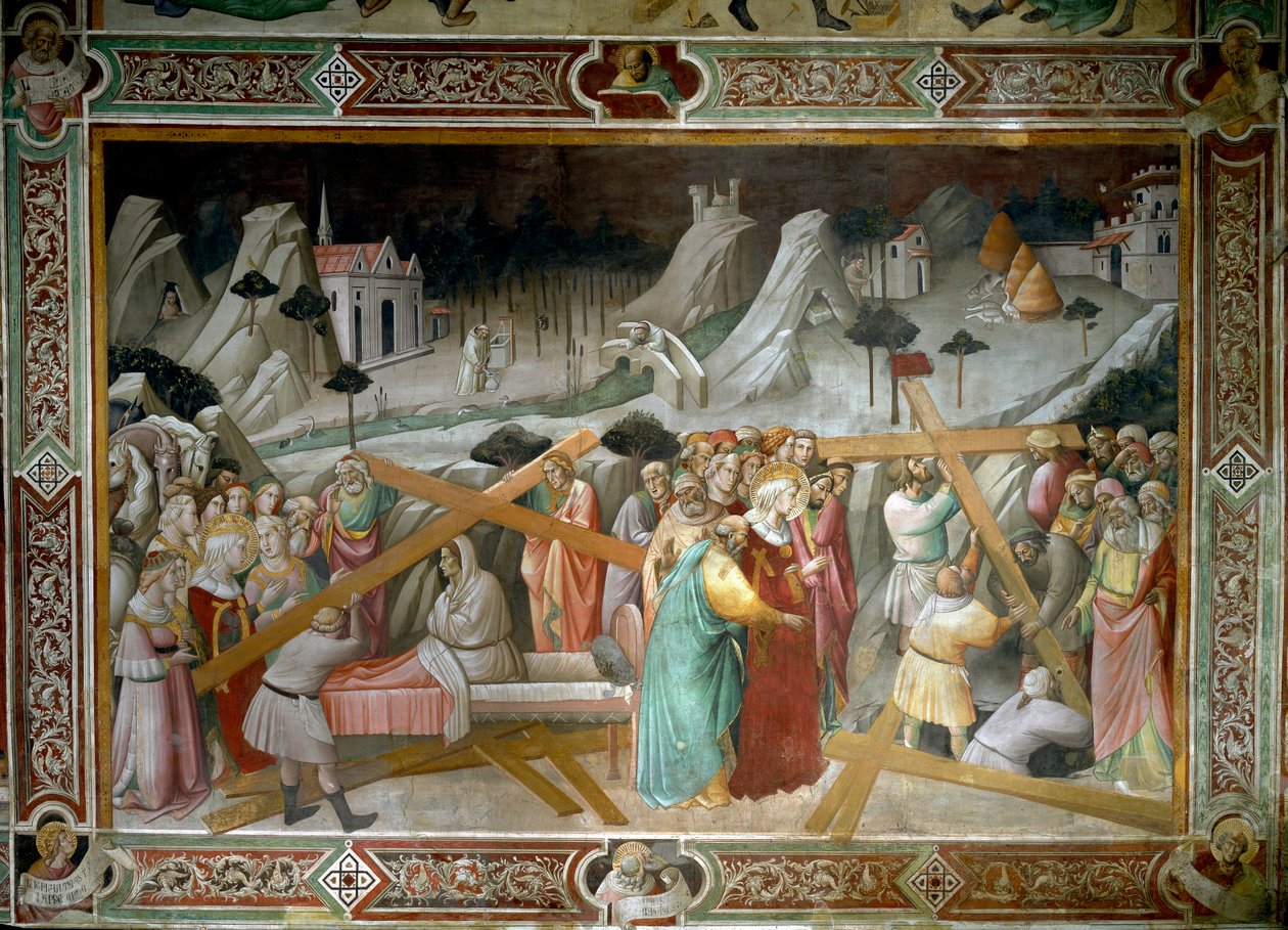 أسطورة الصليب الحقيقي: "القديسة هيلين (248-328) ، والدة الإمبراطور الروماني قسطنطين الأول (272-337) تكتشف الصليب المقدس في فريسكو فلسطين بقلم أنولو جادي (حوالي 1350-1396). القرن الرابع عشر كنيسة سانتا كروتشي ، فلورنسا. بواسطة أنولو جادي