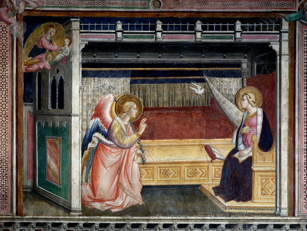 The Annunciation Fresco by Agnolo Gaddi (1350-1396) 14th century Prato, Cathedrale, Cappella del Sacro Cingolo بواسطة أنولو جادي
