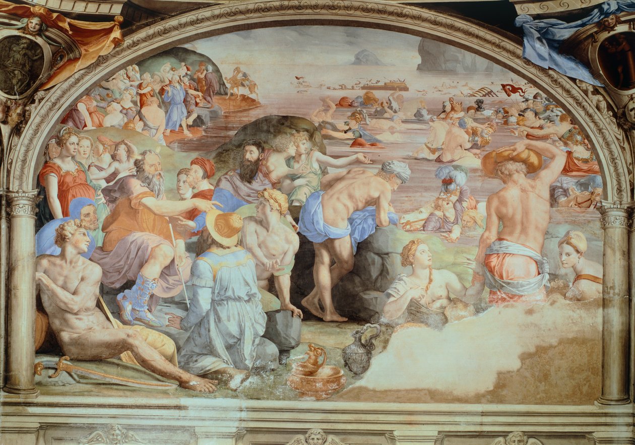 عبور البحر الأحمر ، لوحة جدارية رسمها أنولو برونزينو (1503-1572). مصلى إليونورا طليطلة ، قصر فيكيو ، فلورنسا. إيطاليا بواسطة أغنولو برونزينو