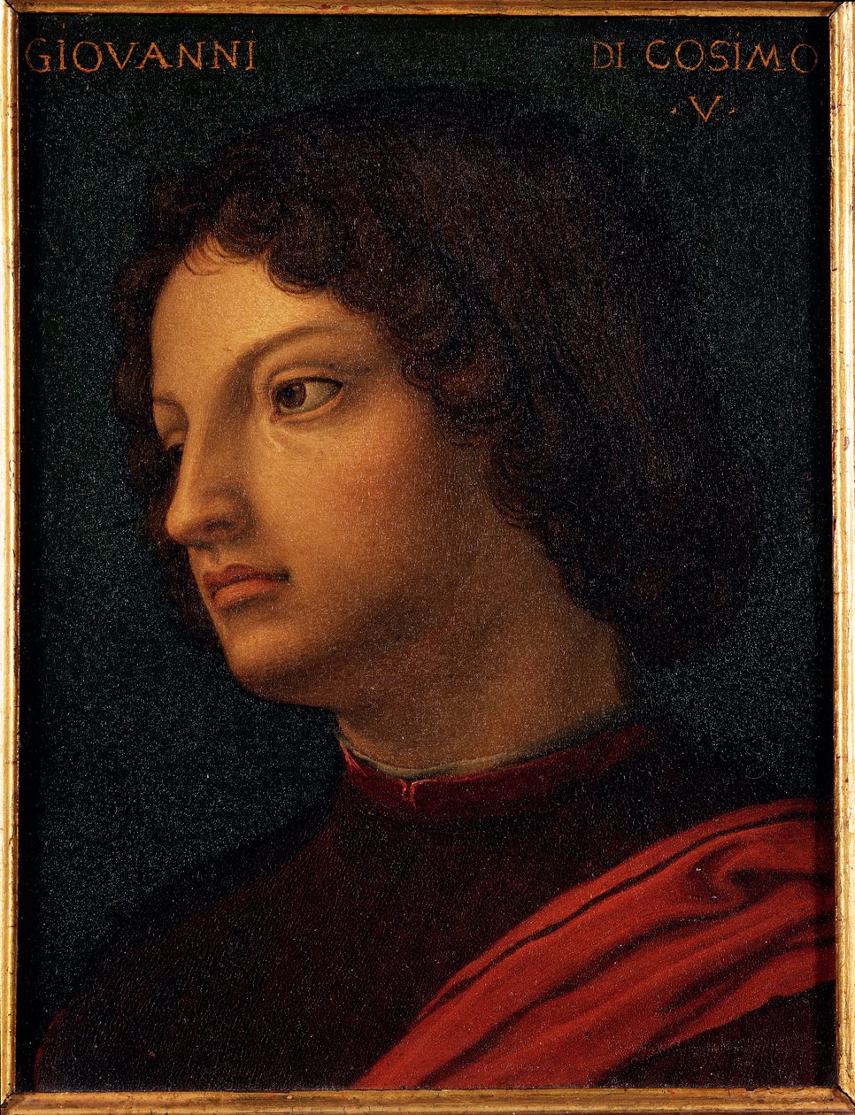 صورة جان دي ميديشي (جيوفاني دي كوزيمو دي ميديشي) (1421-1463) لوحة مصرفي وميسيني رسم ألوري أنجيلو دي كوزيمو ديت برونزينو (1503-1572) القرن السادس عشر قاتمة 15 × 12 سم قصر ميديشي ريكاردي (ميديسي ريكاردي) فلورنسا بواسطة أغنولو برونزينو