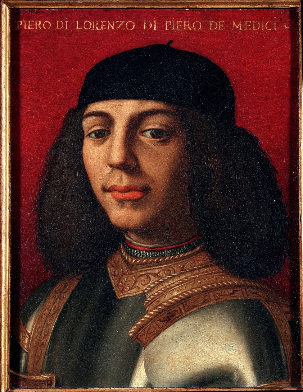 صورة بيتر الثاني من ميديتشي (1472-1503) (بييرو دي لورنزو دي ميديشي أو بييرو المؤسف) سياسي وعسكري إيطالي ، ابن لوران اللوحة الرائعة التي رسمها أنولو ألوري المسمى برونزينو (1503-1572) ، زيت على النحاس Dim 15x12 سم قصر م بواسطة أغنولو برونزينو