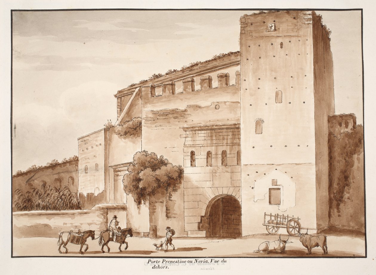 المنظر الخارجي لبورتا برينستينا أو نيفيا ، 1833 (النقش بغسل بني) بواسطة اجوستينو توفانيلي