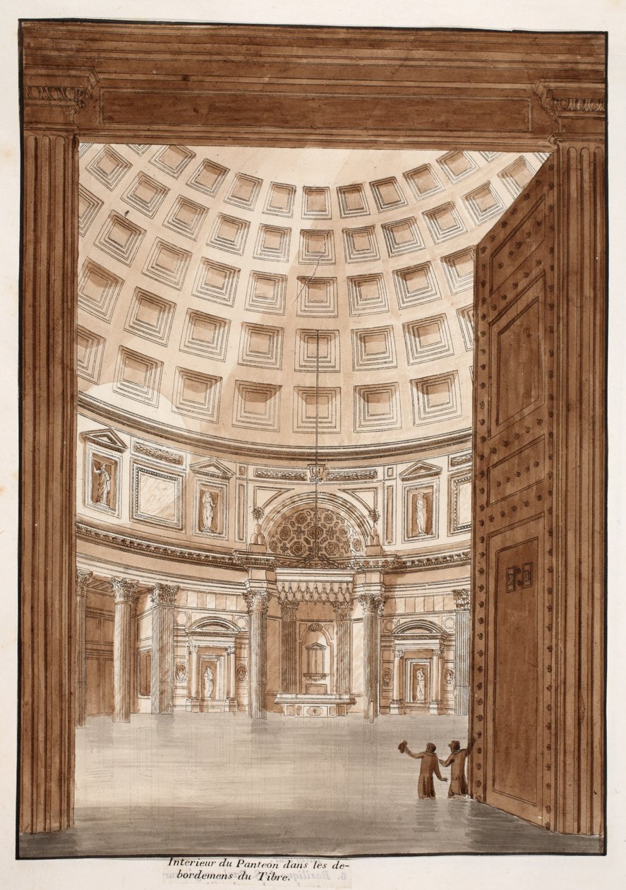 داخل البانثيون بعد أن كسر التيبر ضفافه ، 1833 (النقش بغسل بني) بواسطة اجوستينو توفانيلي