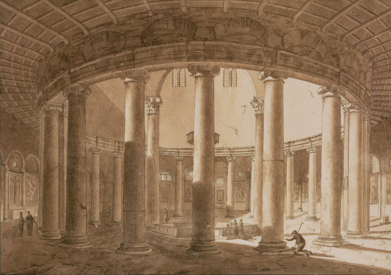 داخل معبد كلوديوس في روما ، c.1800 (غسل القلم و البني الداكن على الورق) بواسطة اجوستينو توفانيلي