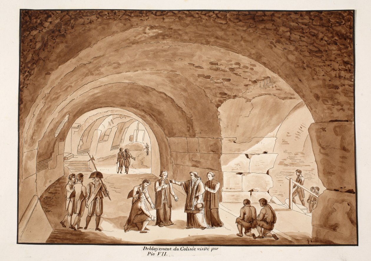 يزور بيوس السابع الأعمال في الكولوسيوم ، 1833 (النقش بغسل بني) بواسطة اجوستينو توفانيلي
