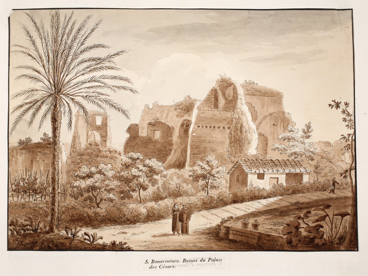 سان بونافينتورا وأنقاض قصر قيصر ، 1833 (النقش بغسل بني) بواسطة اجوستينو توفانيلي