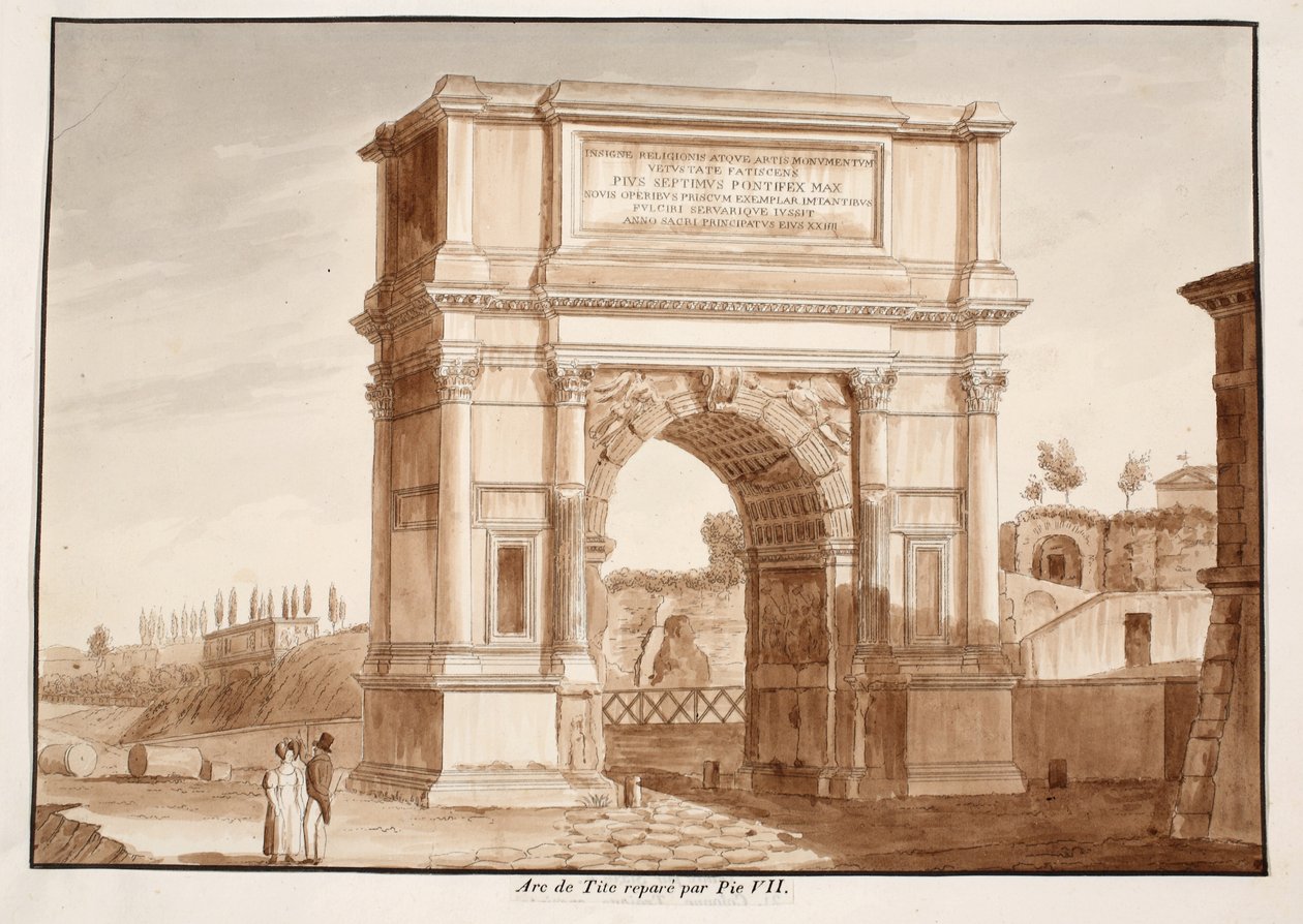 قوس تيتوس ، تم ترميمه بواسطة بيوس السابع ، 1833 (النقش بغسل بني) بواسطة اجوستينو توفانيلي