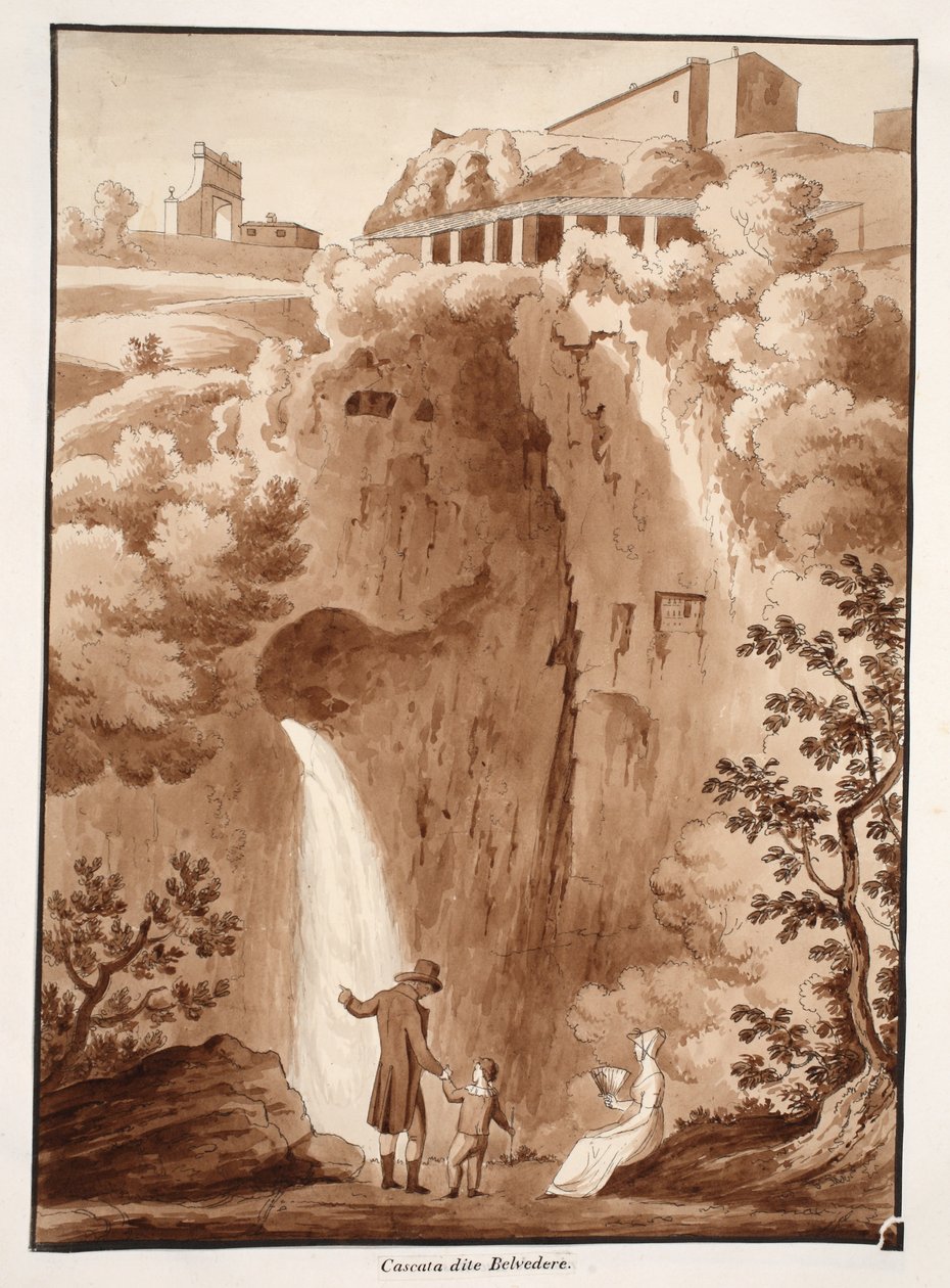 Cascade &39;Belvedere&39; ، 1833 (النقش بغسل بني) بواسطة اجوستينو توفانيلي