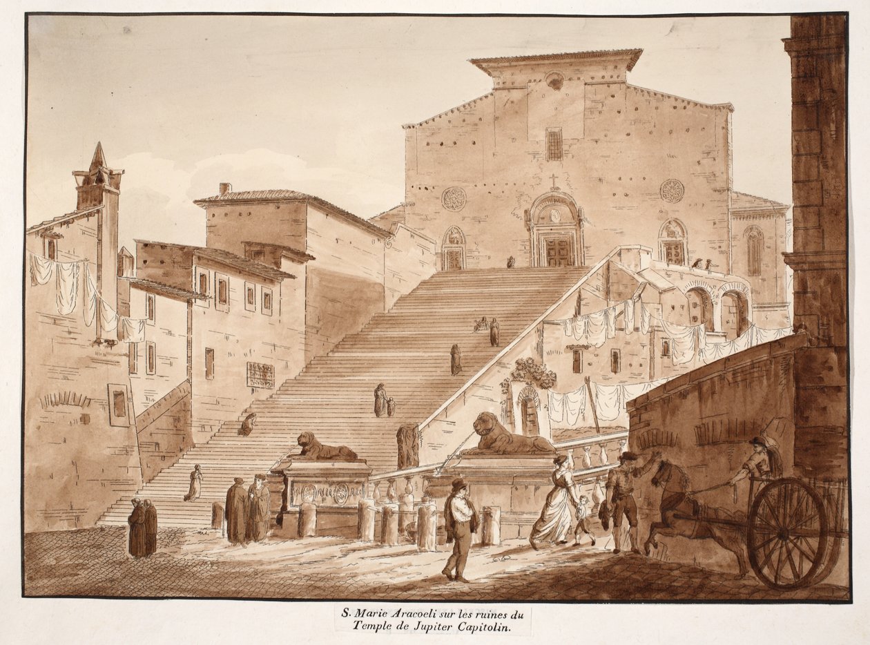 كنيسة سانتا ماريا في أراكويلي على أنقاض معبد كابيتولين للمشتري ، 1833 (النقش بغسل بني) بواسطة اجوستينو توفانيلي